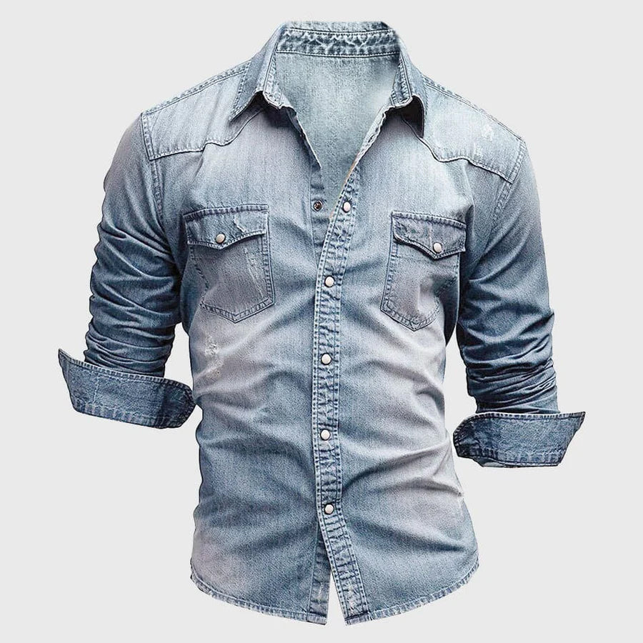 Men’s Denim Shirt - Slim Fit - Long Sleeve - Button-Up Western Style Casual Wear