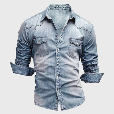 Men’s Denim Shirt - Slim Fit - Long Sleeve - Button-Up Western Style Casual Wear