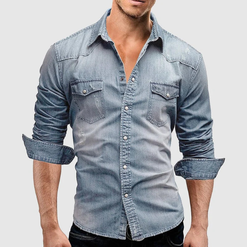 Men’s Denim Shirt - Slim Fit - Long Sleeve - Button-Up Western Style Casual Wear