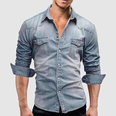 Men’s Denim Shirt - Slim Fit - Long Sleeve - Button-Up Western Style Casual Wear