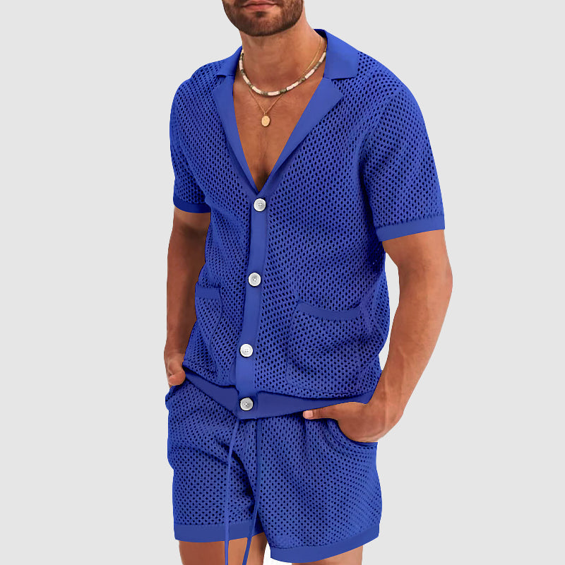 Men's Mesh Button-Up Shirt - Breathable Lightweight Fabric - Short Sleeve - Notched Lapel