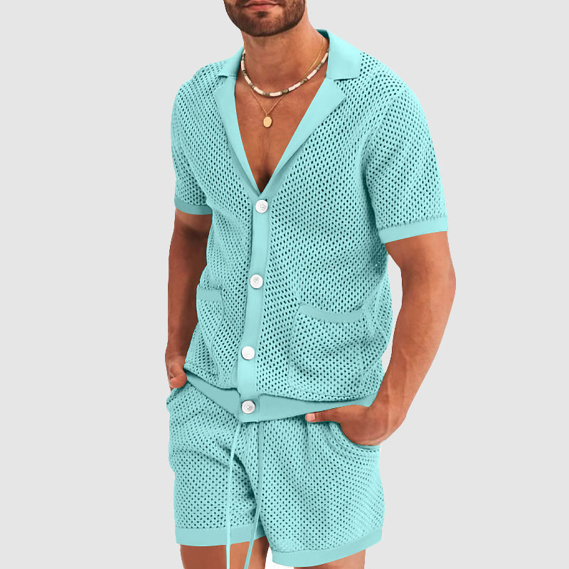 Men's Mesh Button-Up Shirt - Breathable Lightweight Fabric - Short Sleeve - Notched Lapel