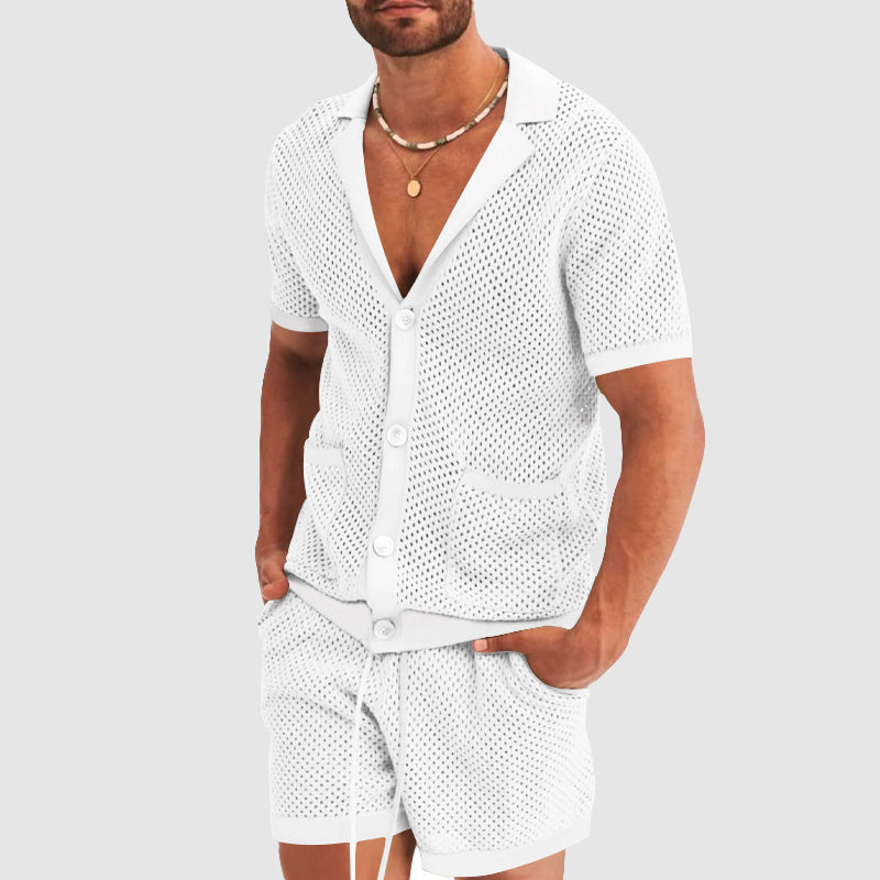 Men's Mesh Button-Up Shirt - Breathable Lightweight Fabric - Short Sleeve - Notched Lapel
