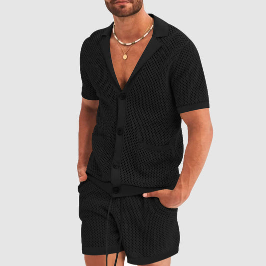 Men's Mesh Button-Up Shirt - Breathable Lightweight Fabric - Short Sleeve - Notched Lapel