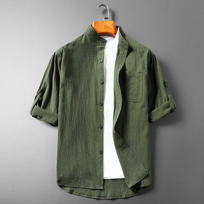 Men’s Button-Up Shirt - Band Collar - Long Sleeve Roll-Up - Breathable Textured Fabric