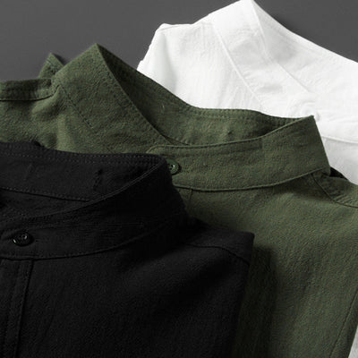 Men’s Button-Up Shirt - Band Collar - Long Sleeve Roll-Up - Breathable Textured Fabric