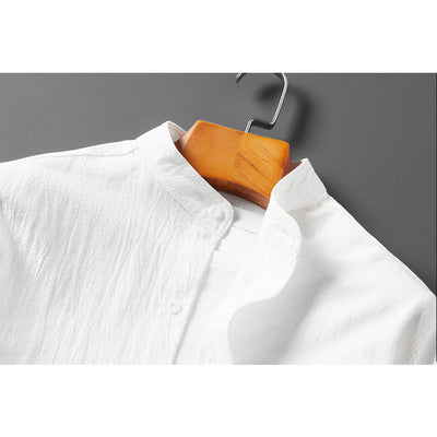 Men’s Button-Up Shirt - Band Collar - Long Sleeve Roll-Up - Breathable Textured Fabric