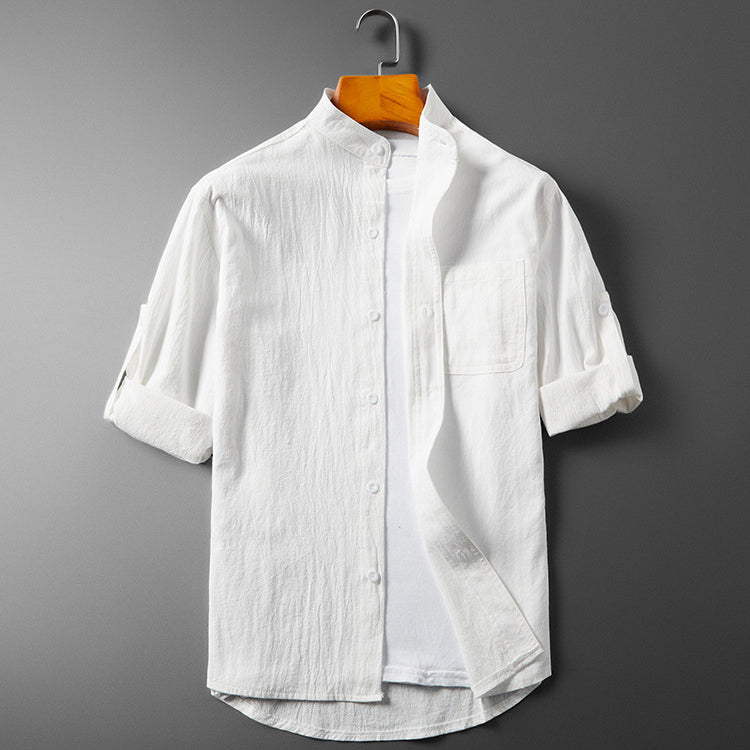 Men’s Button-Up Shirt - Band Collar - Long Sleeve Roll-Up - Breathable Textured Fabric