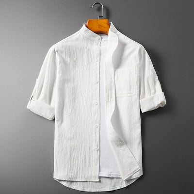 Men’s Button-Up Shirt - Band Collar - Long Sleeve Roll-Up - Breathable Textured Fabric
