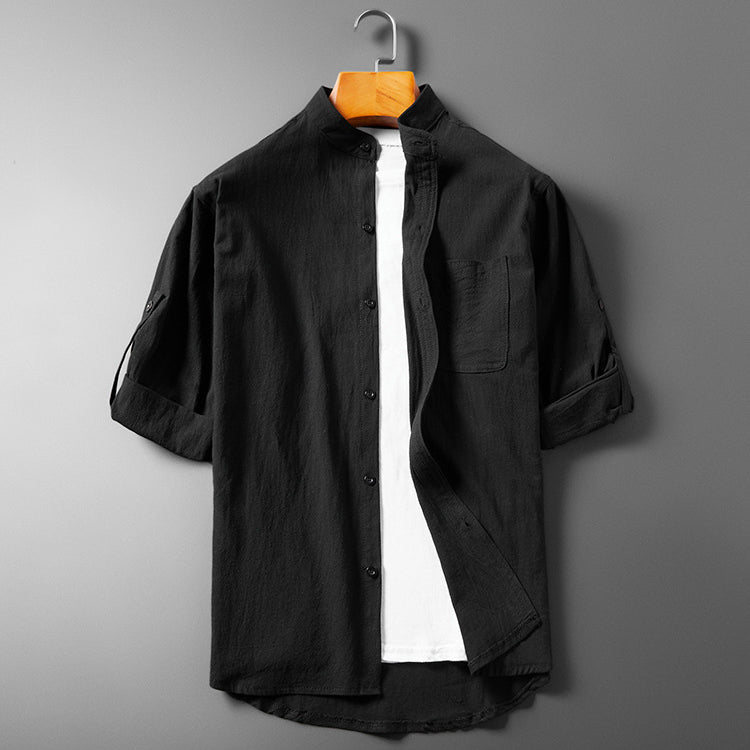 Men’s Button-Up Shirt - Band Collar - Long Sleeve Roll-Up - Breathable Textured Fabric