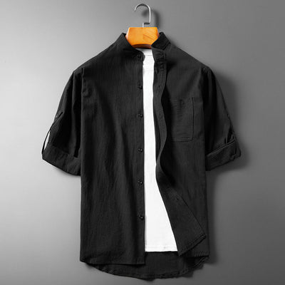 Men’s Button-Up Shirt - Band Collar - Long Sleeve Roll-Up - Breathable Textured Fabric