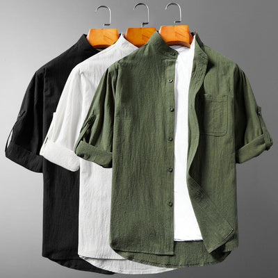 Men’s Button-Up Shirt - Band Collar - Long Sleeve Roll-Up - Breathable Textured Fabric