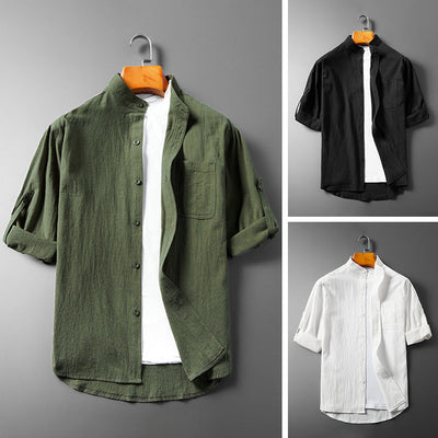 Men’s Button-Up Shirt - Band Collar - Long Sleeve Roll-Up - Breathable Textured Fabric