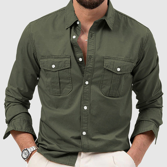 Men’s Button-Down Shirt - Long Sleeve - Relaxed Fit - Dual Chest Pockets