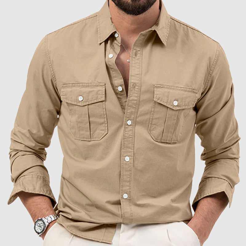 Men’s Button-Down Shirt - Long Sleeve - Relaxed Fit - Dual Chest Pockets
