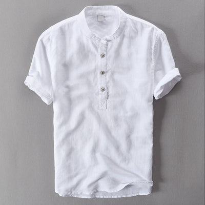 Men’s Linen Shirt - Mandarin Collar - Short Sleeve - Lightweight Casual Wear