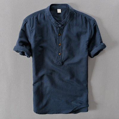 Men’s Linen Shirt - Mandarin Collar - Short Sleeve - Lightweight Casual Wear