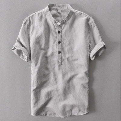 Men’s Linen Shirt - Mandarin Collar - Short Sleeve - Lightweight Casual Wear