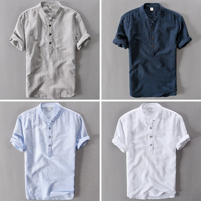 Men’s Linen Shirt - Mandarin Collar - Short Sleeve - Lightweight Casual Wear