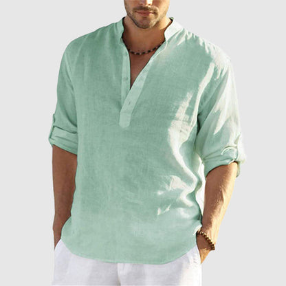 Men’s Linen Shirt - Relaxed Fit - Long Sleeve - Mandarin Collar - Breathable Casual Wear
