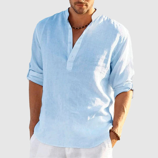Men’s Linen Shirt - Relaxed Fit - Long Sleeve - Mandarin Collar - Breathable Casual Wear