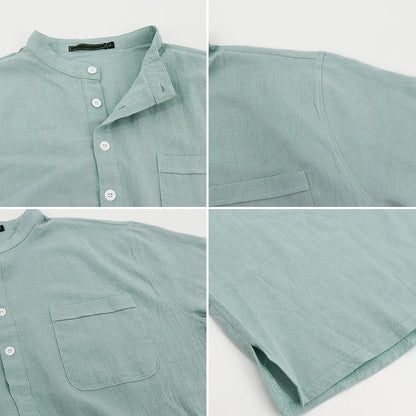Men’s Linen Shirt - Relaxed Fit - Long Sleeve - Mandarin Collar - Breathable Casual Wear
