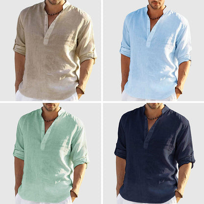 Men’s Linen Shirt - Relaxed Fit - Long Sleeve - Mandarin Collar - Breathable Casual Wear