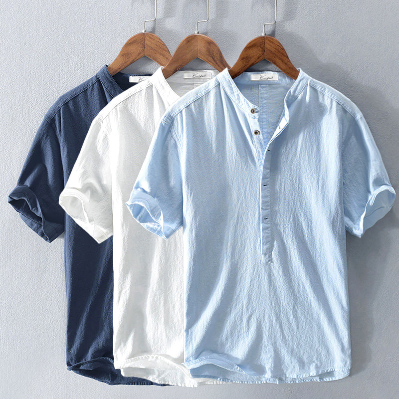 Men’s Casual Shirt - Mandarin Collar - Short Sleeve Relaxed Fit