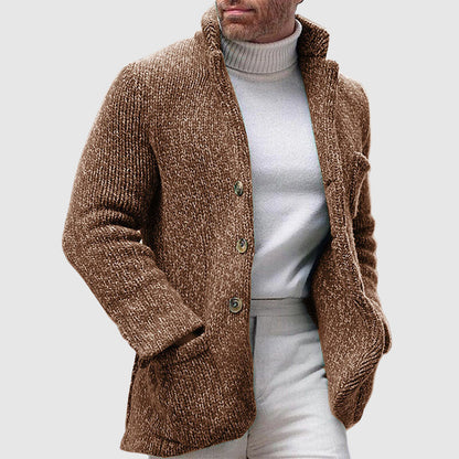 Men's Long-Sleeve Sweater with Stand-Up Collar and Pockets