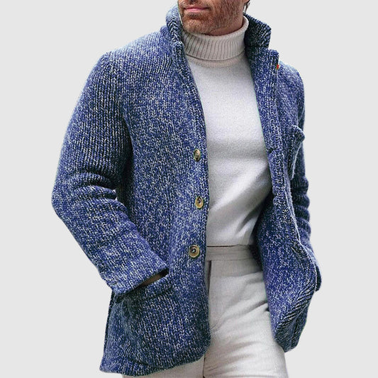 Men’s Knitted Cardigan - Chunky Texture - Stand-Up Collar - Button-Up Front