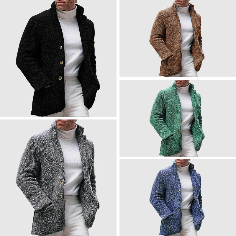 Men's Long-Sleeve Sweater with Stand-Up Collar and Pockets