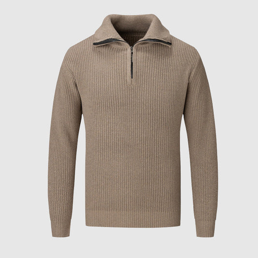 Men’s Half-Zip Sweater - Textured Knit - High Collar - Ribbed Cuffs & Hem - Casual Wear