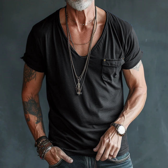 Men’s V-Neck T-Shirt – Short Sleeve – Rolled Cuffs – Chest Pocket – Casual Fit