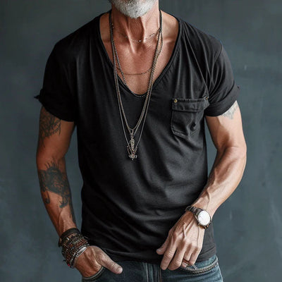 Men’s V-Neck T-Shirt – Short Sleeve – Rolled Cuffs – Chest Pocket – Casual Fit