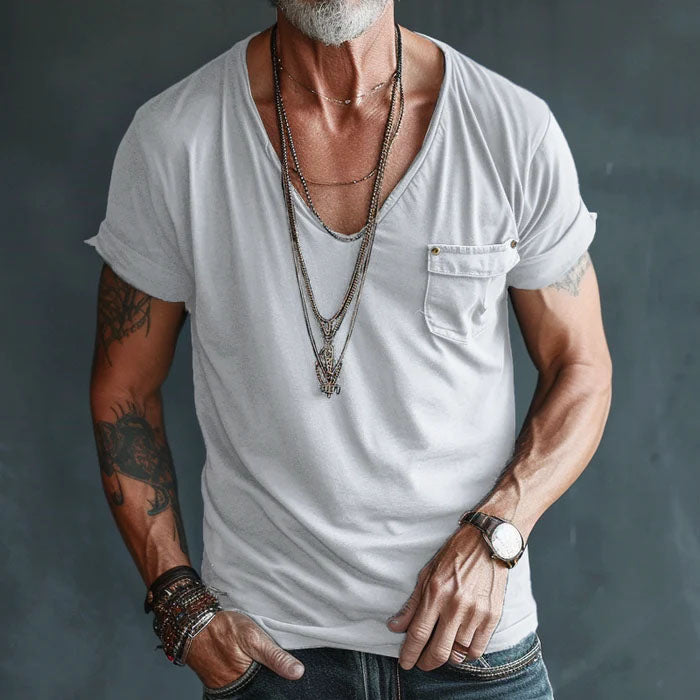 Men’s V-Neck T-Shirt – Short Sleeve – Rolled Cuffs – Chest Pocket – Casual Fit