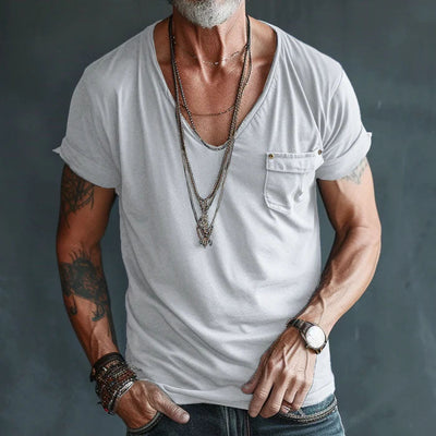 Men’s V-Neck T-Shirt – Short Sleeve – Rolled Cuffs – Chest Pocket – Casual Fit