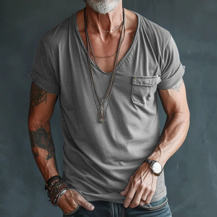 Men’s V-Neck T-Shirt – Short Sleeve – Rolled Cuffs – Chest Pocket – Casual Fit