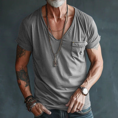 Men’s V-Neck T-Shirt – Short Sleeve – Rolled Cuffs – Chest Pocket – Casual Fit