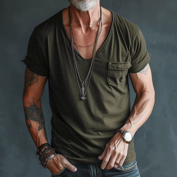 Men’s V-Neck T-Shirt – Short Sleeve – Rolled Cuffs – Chest Pocket – Casual Fit