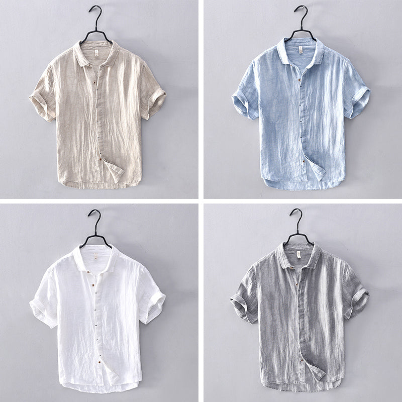 Men’s Short-Sleeve Button-Up Shirt - Linen Blend - Relaxed Fit - Breathable Casual Wear