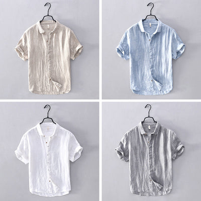 Men’s Short-Sleeve Button-Up Shirt - Linen Blend - Relaxed Fit - Breathable Casual Wear