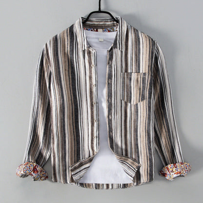 Men’s Button-Up Shirt - Linen Cotton Blend - Relaxed Fit - Striped Casual Wear