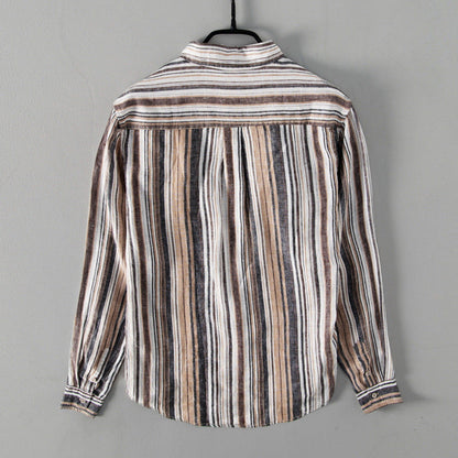 Men’s Button-Up Shirt - Linen Cotton Blend - Relaxed Fit - Striped Casual Wear