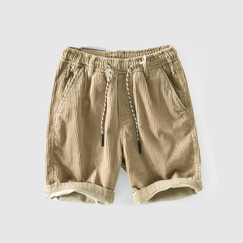 Men’s Corduroy Shorts - Lightweight Breathable - Elastic Waist - Rolled Hem Casual Wear