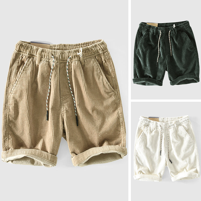 Men’s Corduroy Shorts - Lightweight Breathable - Elastic Waist - Rolled Hem Casual Wear