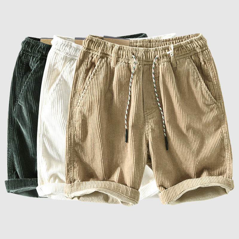 Men’s Corduroy Shorts - Lightweight Breathable - Elastic Waist - Rolled Hem Casual Wear