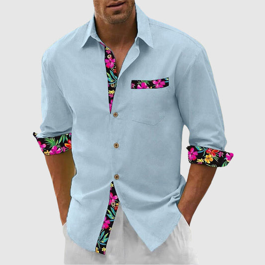 Men’s Button-Up Shirt – Long Sleeve – Structured Collar – Floral Accent Trim