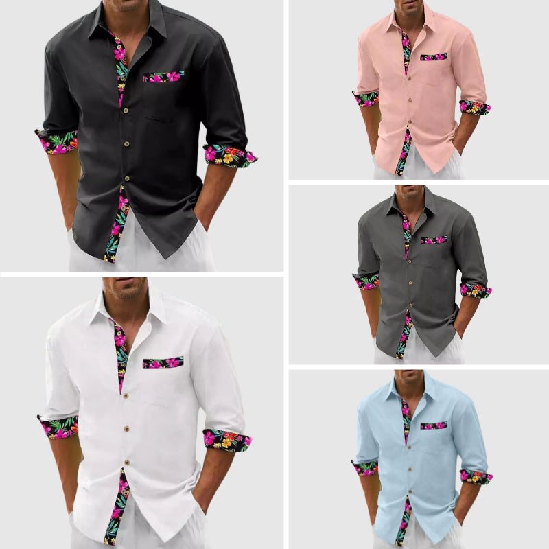 Men’s Button-Up Shirt – Long Sleeve – Structured Collar – Floral Accent Trim