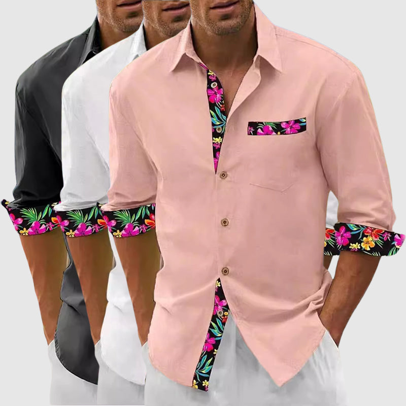 Men’s Button-Up Shirt – Long Sleeve – Structured Collar – Floral Accent Trim