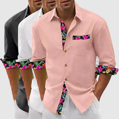 Men’s Button-Up Shirt – Long Sleeve – Structured Collar – Floral Accent Trim
